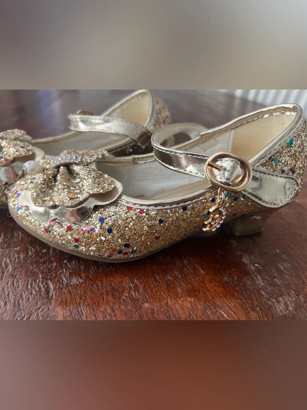 Kids Glitter Bow Mary Jane Shoes in Gold Size 13